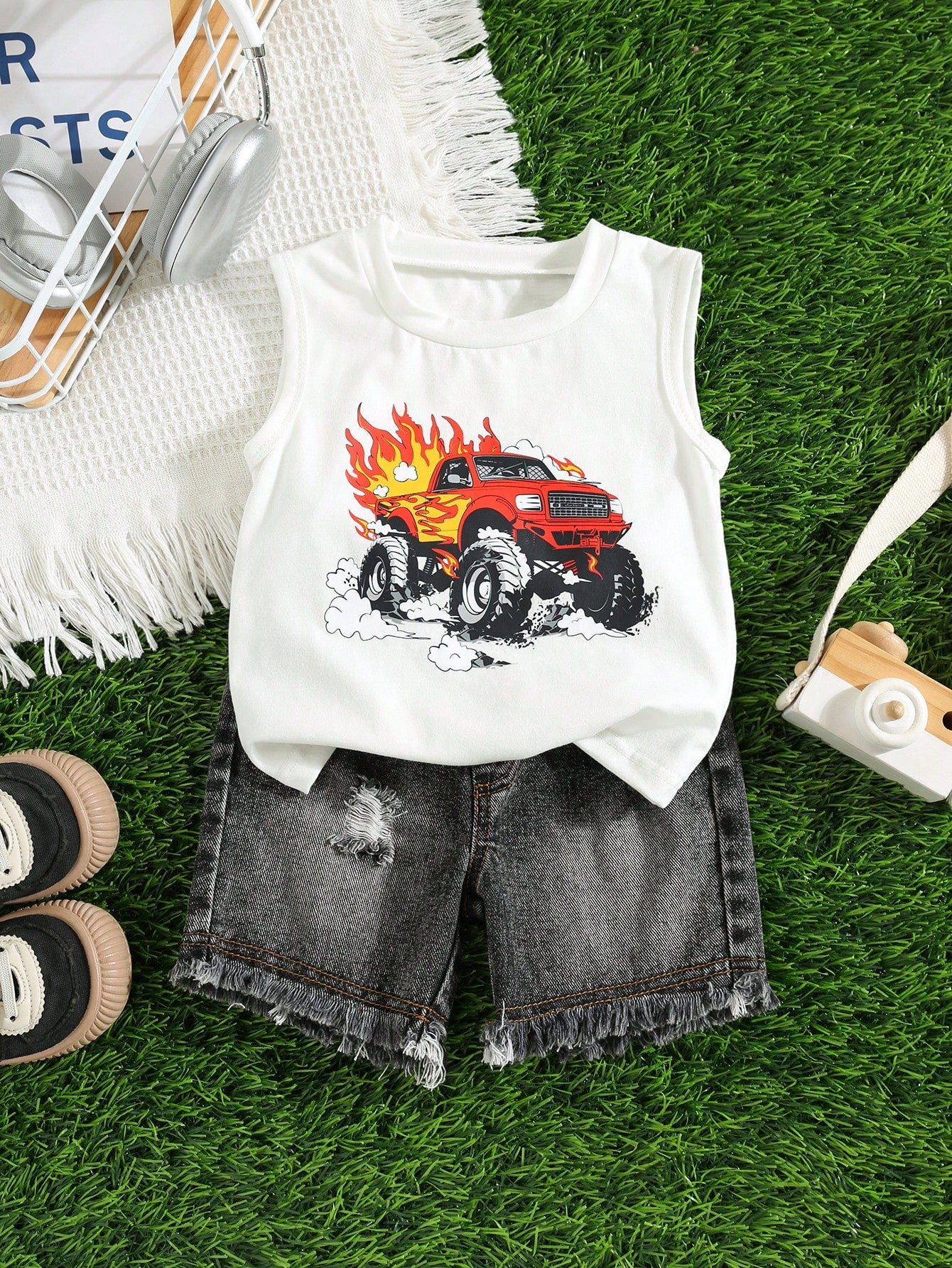 2pcs/Set Baby Boy Summer Street Style Cute Versatile Knit Car Print Tank Top & Denim Shorts Set, Tank Top Set, Denim Set, Racing Set