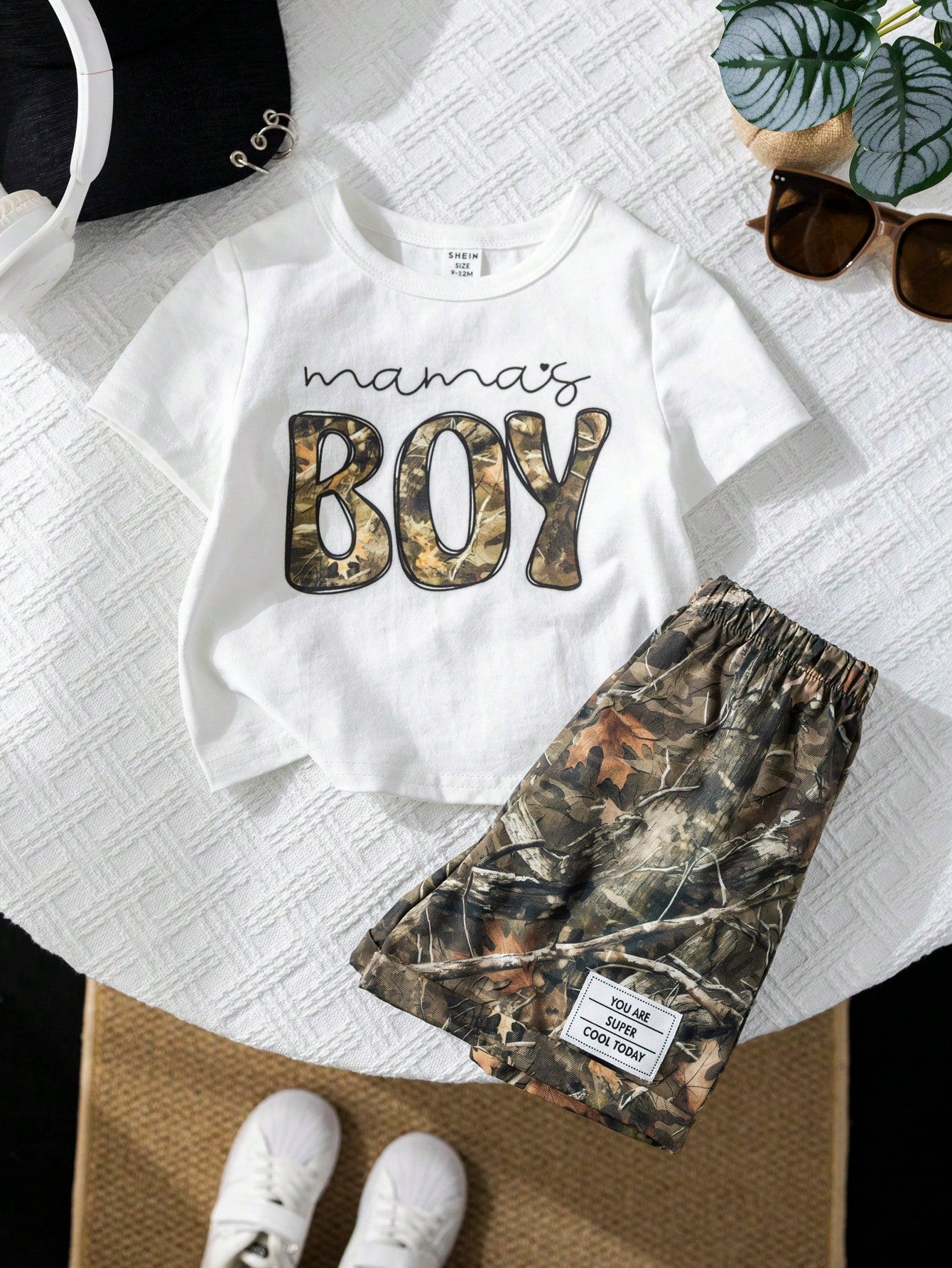 2pcs/Set Baby Boy White Motherhood Baby's First Mother's Day Outfit,Includes Graphic Tee And Camo Shorts,Summer Casual Beach Comfortable Daily Wear