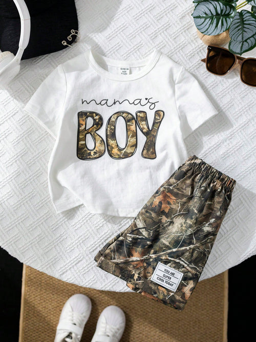 2pcs/Set Baby Boy White Motherhood Baby's First Mother's Day Outfit,Includes Graphic Tee And Camo Shorts,Summer Casual Beach Comfortable Daily Wear