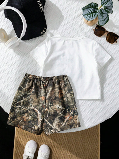 2pcs/Set Baby Boy White Motherhood Baby's First Mother's Day Outfit,Includes Graphic Tee And Camo Shorts,Summer Casual Beach Comfortable Daily Wear
