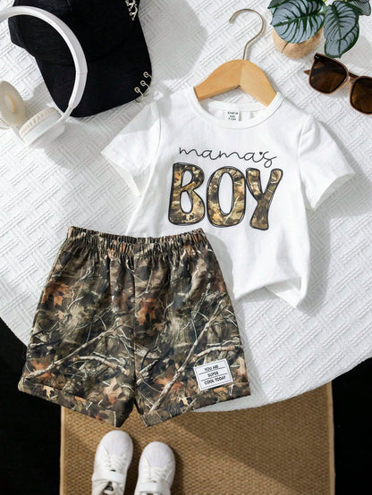 2pcs/Set Baby Boy White Motherhood Baby's First Mother's Day Outfit,Includes Graphic Tee And Camo Shorts,Summer Casual Beach Comfortable Daily Wear