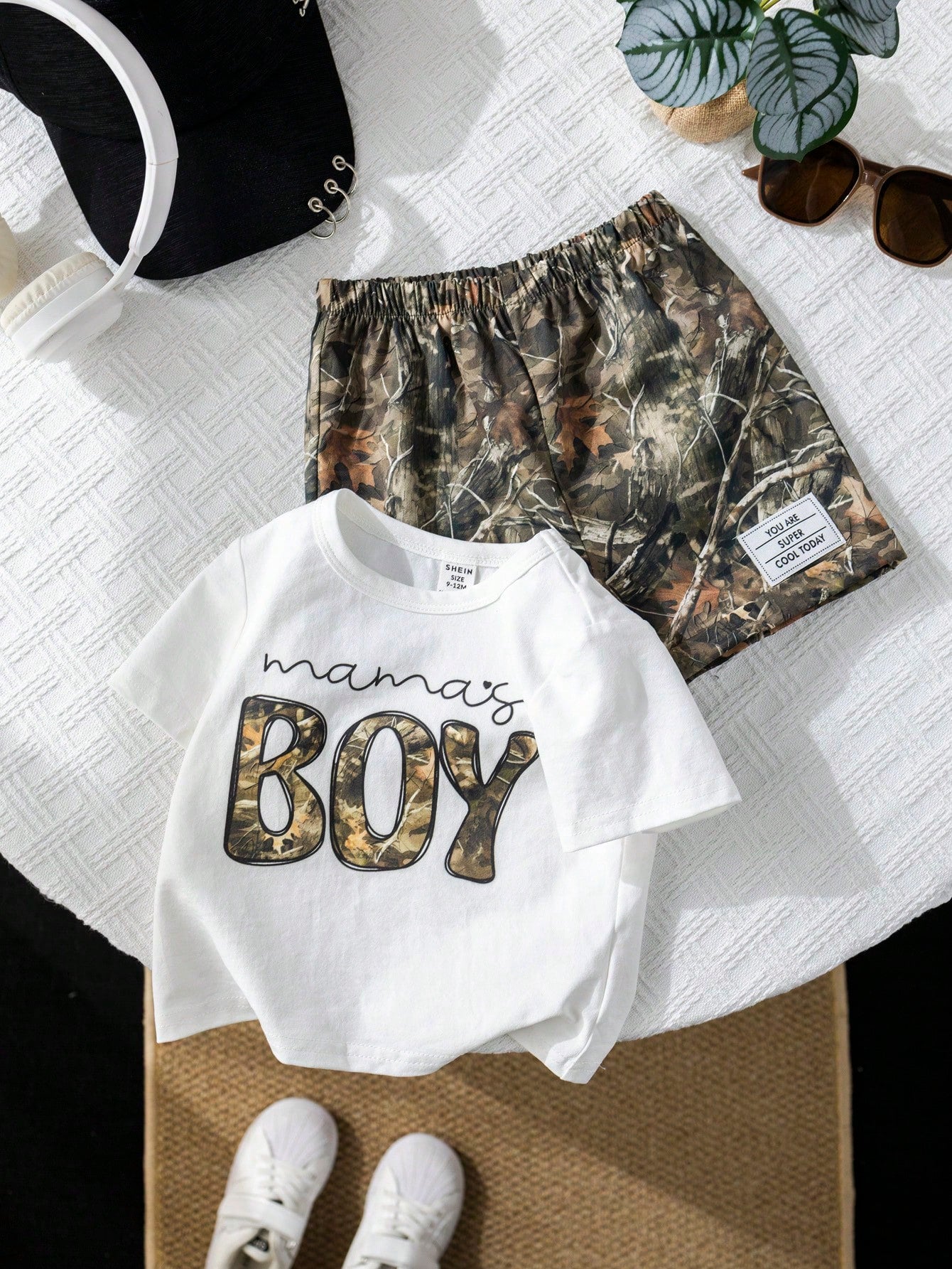 2pcs/Set Baby Boy White Motherhood Baby's First Mother's Day Outfit,Includes Graphic Tee And Camo Shorts,Summer Casual Beach Comfortable Daily Wear