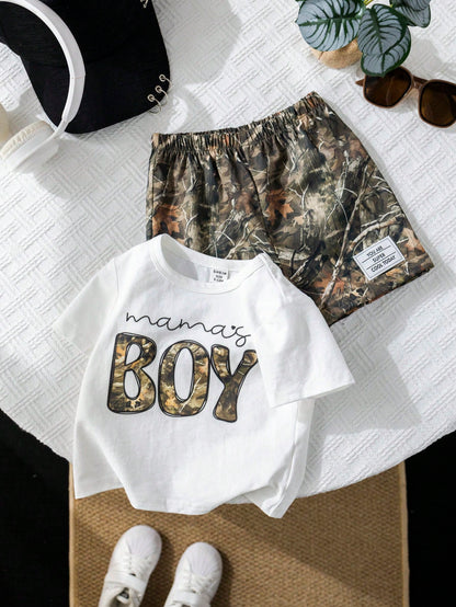 2pcs/Set Baby Boy White Motherhood Baby's First Mother's Day Outfit,Includes Graphic Tee And Camo Shorts,Summer Casual Beach Comfortable Daily Wear