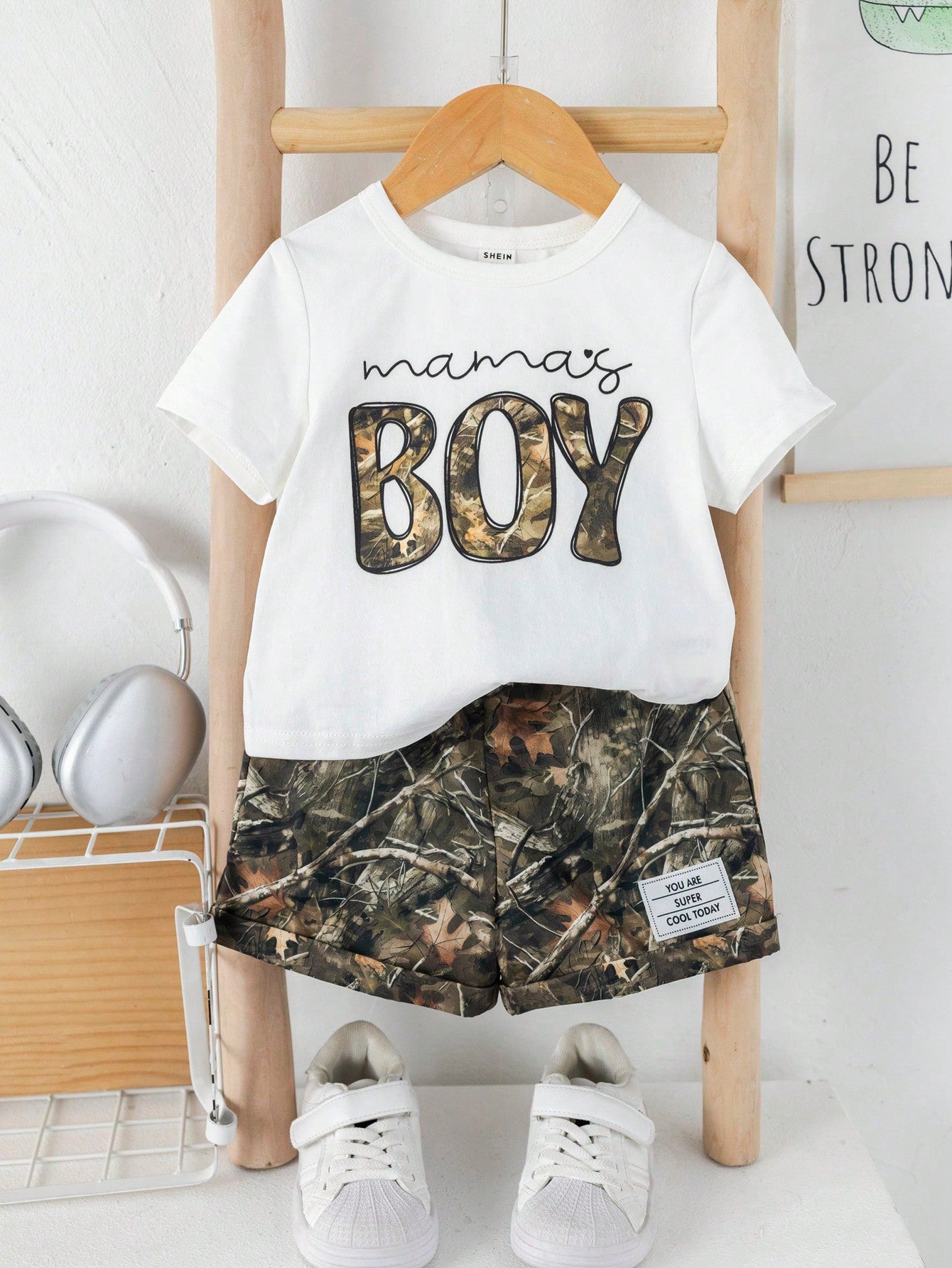 2pcs/Set Baby Boy White Motherhood Baby's First Mother's Day Outfit,Includes Graphic Tee And Camo Shorts,Summer Casual Beach Comfortable Daily Wear