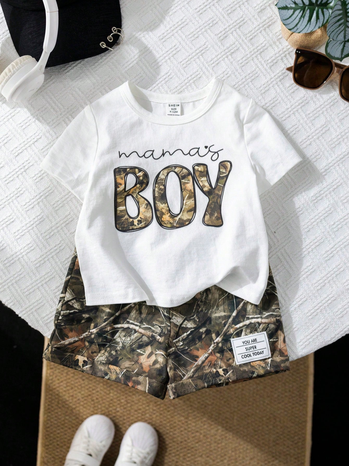 2pcs/Set Baby Boy White Motherhood Baby's First Mother's Day Outfit,Includes Graphic Tee And Camo Shorts,Summer Casual Beach Comfortable Daily Wear