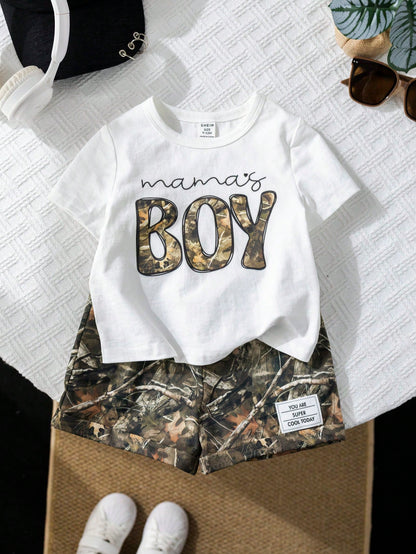 2pcs/Set Baby Boy White Motherhood Baby's First Mother's Day Outfit,Includes Graphic Tee And Camo Shorts,Summer Casual Beach Comfortable Daily Wear