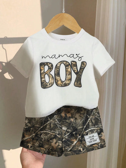 2pcs/Set Baby Boy White Motherhood Baby's First Mother's Day Outfit,Includes Graphic Tee And Camo Shorts,Summer Casual Beach Comfortable Daily Wear