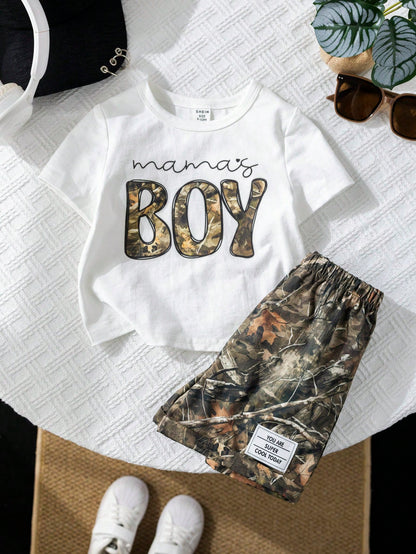 2pcs/Set Baby Boy White Motherhood Baby's First Mother's Day Outfit,Includes Graphic Tee And Camo Shorts,Summer Casual Beach Comfortable Daily Wear