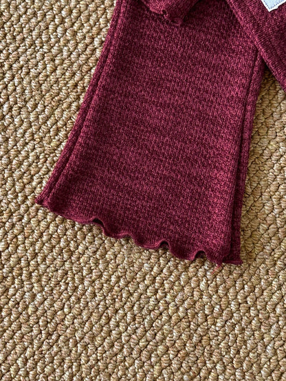 2pcs/Set Baby Girl Knitted Outfit, Burgundy High Neck Top With Matching Lantern Pants, Cute Autumn Wear, Suitable For Toddlers, Red Family Matching