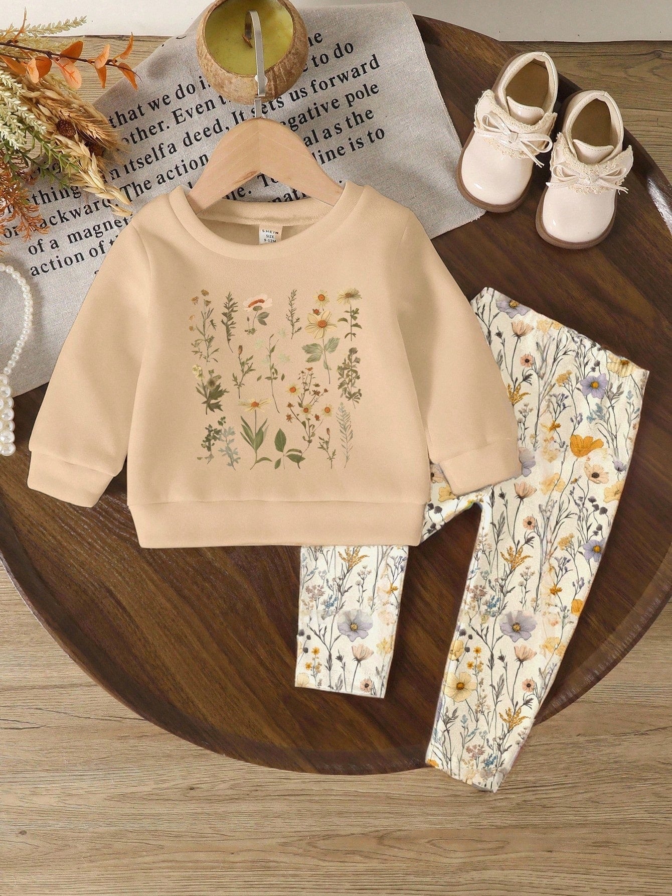 2pcs/Set Baby Girls Beige Floral Print Knit Sweatshirt And Leggings,Autumn Tropical Matching Family Outfit,Sweet Round Neck Long Sleeve Casual Set