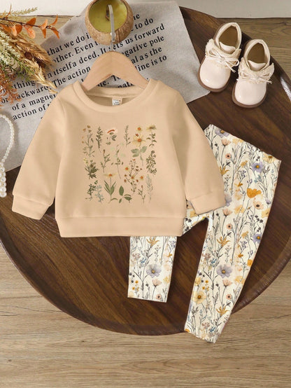 2pcs/Set Baby Girls Beige Floral Print Knit Sweatshirt And Leggings,Autumn Tropical Matching Family Outfit,Sweet Round Neck Long Sleeve Casual Set