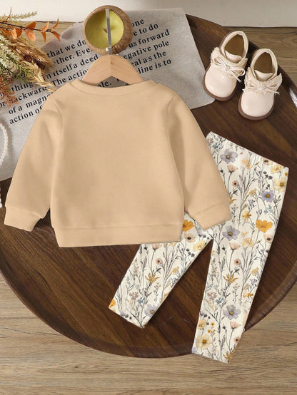 2pcs/Set Baby Girls Beige Floral Print Knit Sweatshirt And Leggings,Autumn Tropical Matching Family Outfit,Sweet Round Neck Long Sleeve Casual Set
