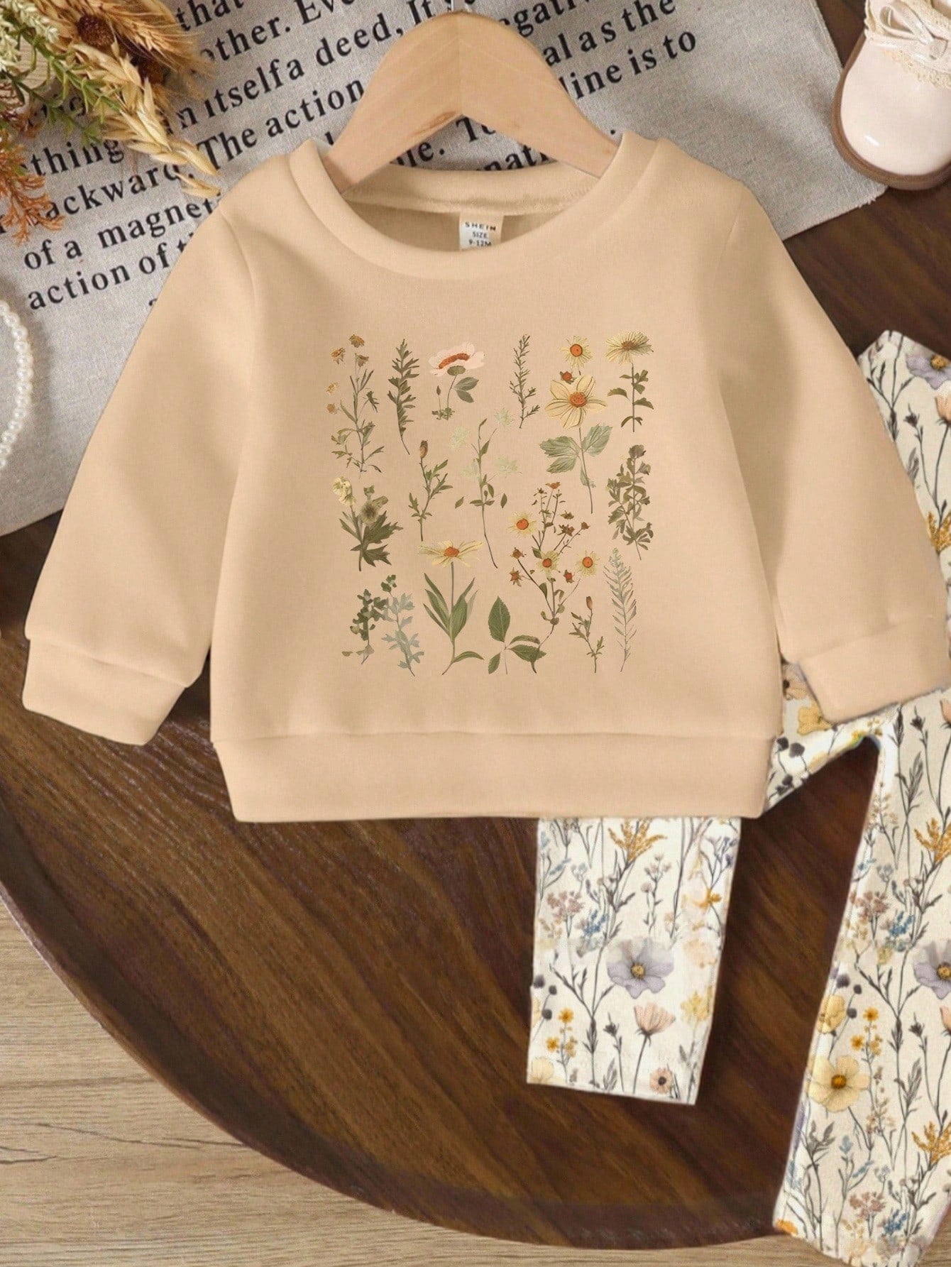 2pcs/Set Baby Girls Beige Floral Print Knit Sweatshirt And Leggings,Autumn Tropical Matching Family Outfit,Sweet Round Neck Long Sleeve Casual Set
