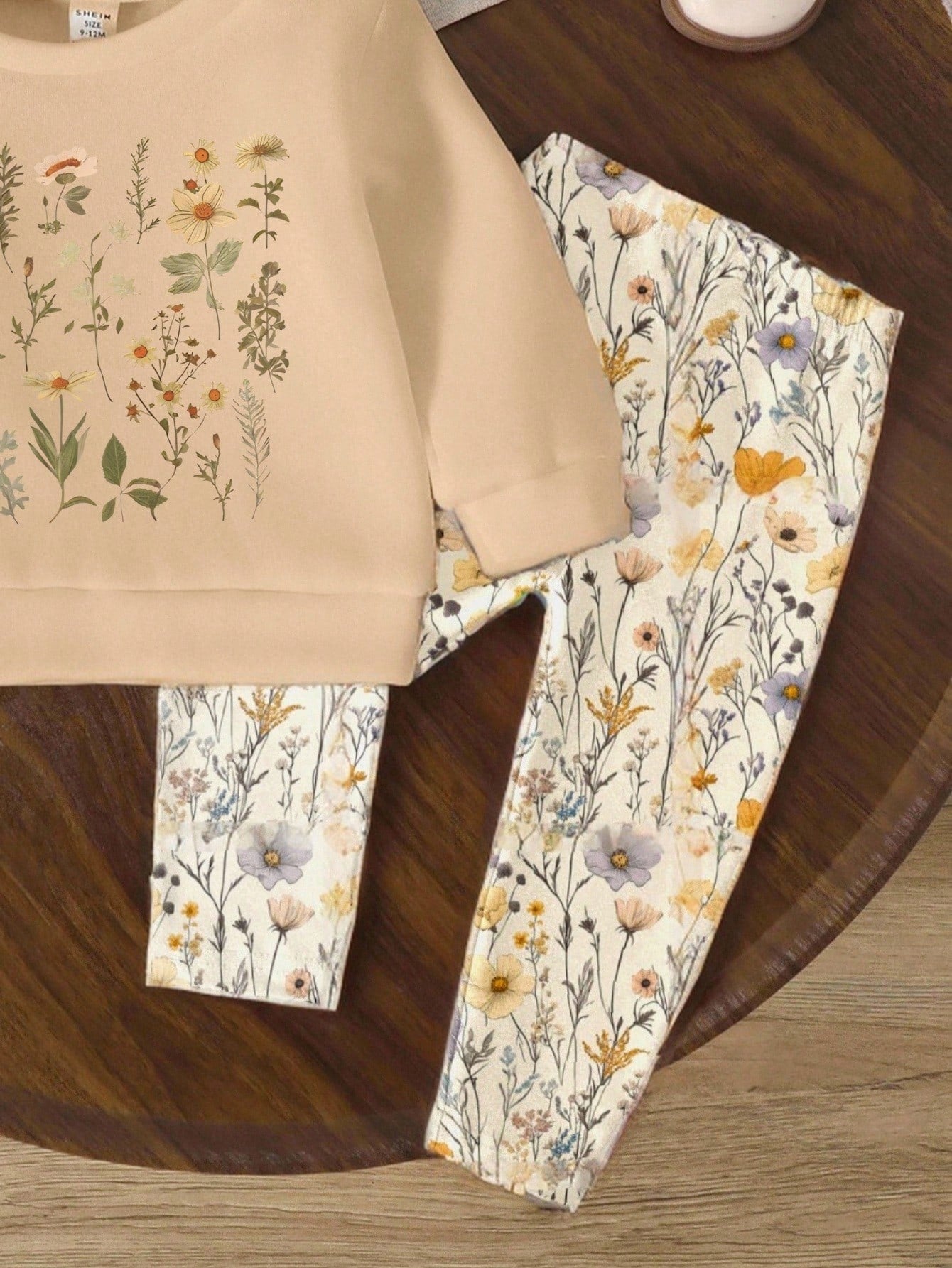 2pcs/Set Baby Girls Beige Floral Print Knit Sweatshirt And Leggings,Autumn Tropical Matching Family Outfit,Sweet Round Neck Long Sleeve Casual Set