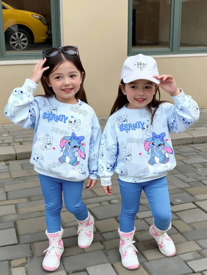 2pcs/Set Baby Girls Beige Floral Print Knit Sweatshirt And Leggings,Autumn Tropical Matching Family Outfit,Sweet Round Neck Long Sleeve Casual Set