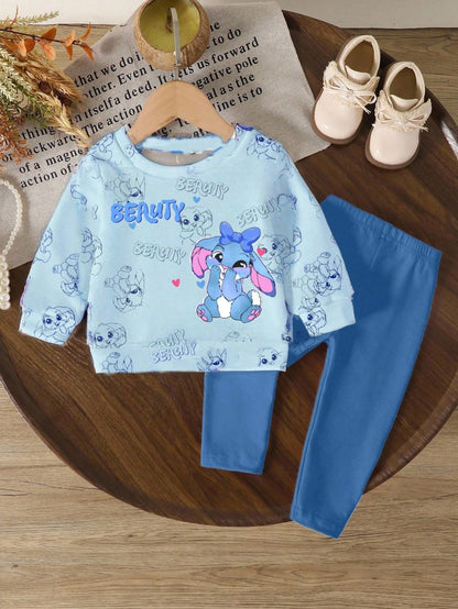 2pcs/Set Baby Girls Beige Floral Print Knit Sweatshirt And Leggings,Autumn Tropical Matching Family Outfit,Sweet Round Neck Long Sleeve Casual Set