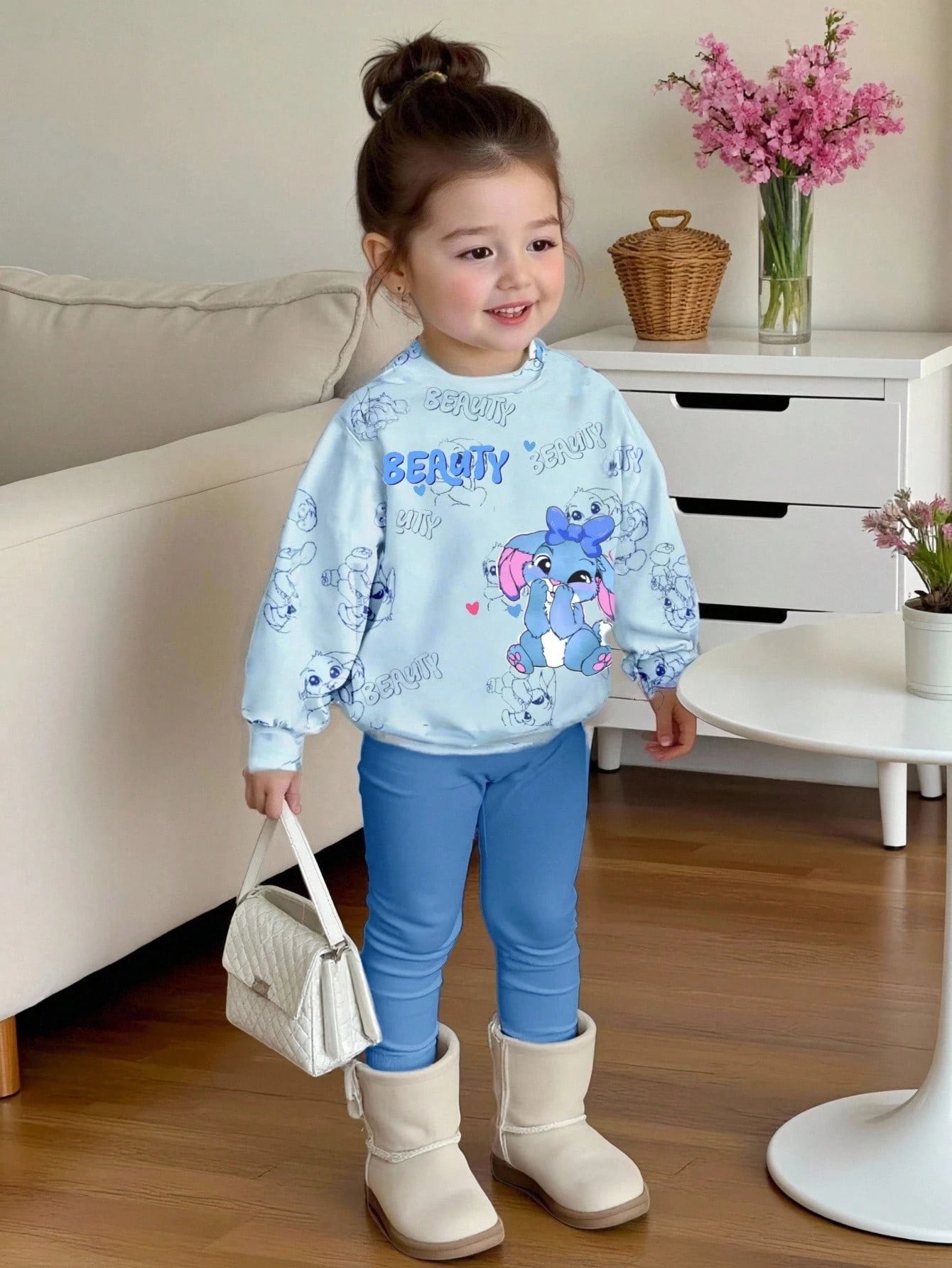 2pcs/Set Baby Girls Beige Floral Print Knit Sweatshirt And Leggings,Autumn Tropical Matching Family Outfit,Sweet Round Neck Long Sleeve Casual Set