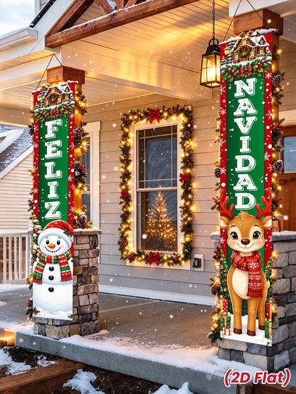 2pcs/Set Christmas Spanish Snowman & Reindeer Decorative Door Banner, Spanish Snowman & Reindeer Pattern Banner, Christmas Party Decoration Backdrop, Christmas Indoor/Outdoor Porch Wall Decoration Han