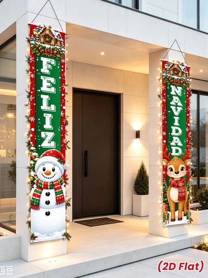 2pcs/Set Christmas Spanish Snowman & Reindeer Decorative Door Banner, Spanish Snowman & Reindeer Pattern Banner, Christmas Party Decoration Backdrop, Christmas Indoor/Outdoor Porch Wall Decoration Han