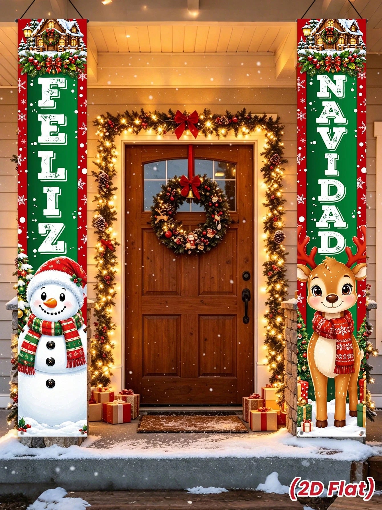 2pcs/Set Christmas Spanish Snowman & Reindeer Decorative Door Banner, Spanish Snowman & Reindeer Pattern Banner, Christmas Party Decoration Backdrop, Christmas Indoor/Outdoor Porch Wall Decoration Han