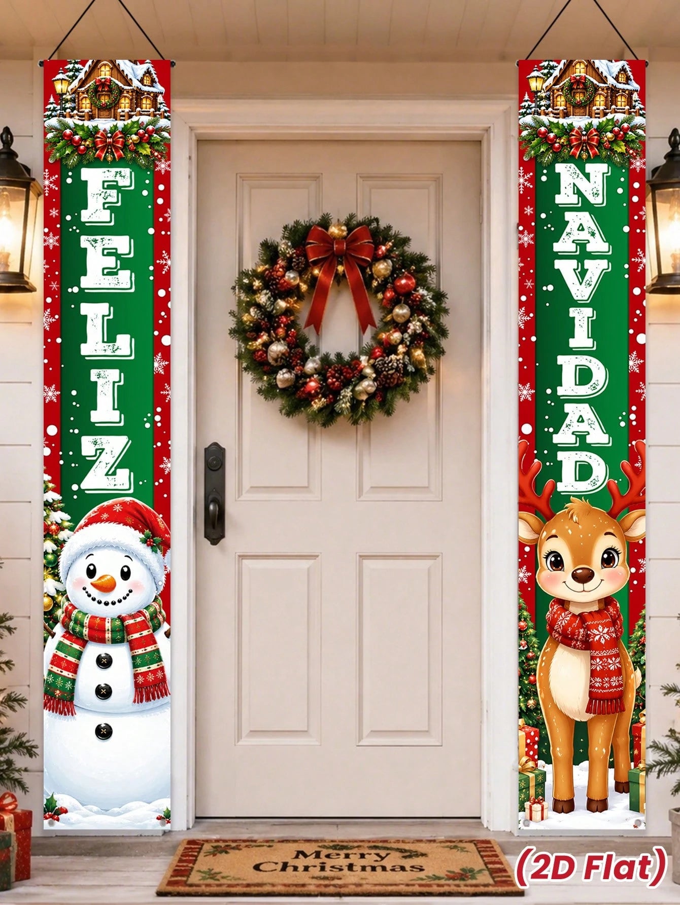 2pcs/Set Christmas Spanish Snowman & Reindeer Decorative Door Banner, Spanish Snowman & Reindeer Pattern Banner, Christmas Party Decoration Backdrop, Christmas Indoor/Outdoor Porch Wall Decoration Han