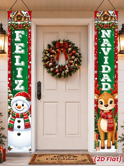 2pcs/Set Christmas Spanish Snowman & Reindeer Decorative Door Banner, Spanish Snowman & Reindeer Pattern Banner, Christmas Party Decoration Backdrop, Christmas Indoor/Outdoor Porch Wall Decoration Han