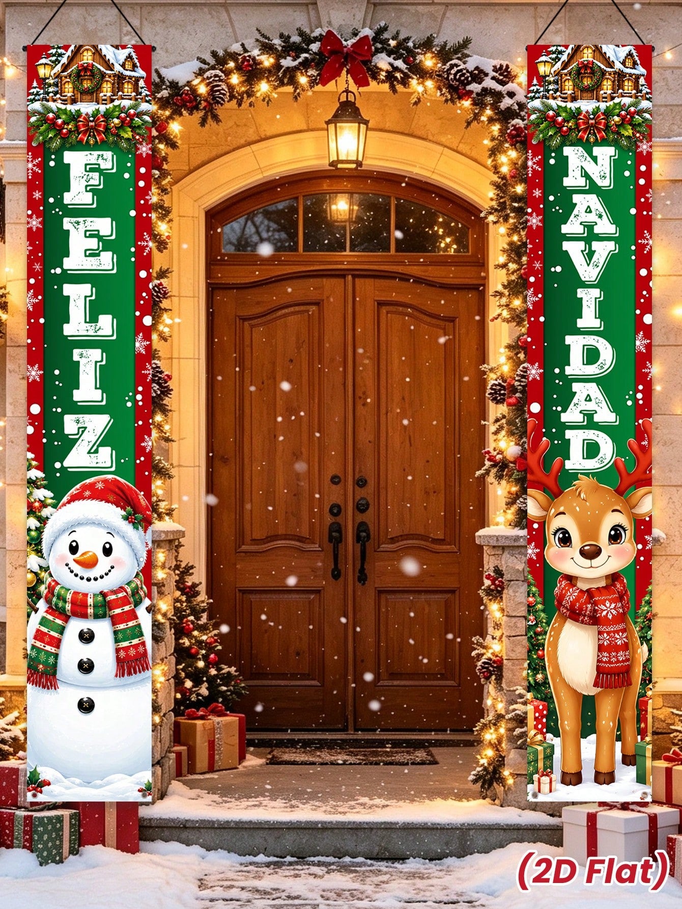 2pcs/Set Christmas Spanish Snowman & Reindeer Decorative Door Banner, Spanish Snowman & Reindeer Pattern Banner, Christmas Party Decoration Backdrop, Christmas Indoor/Outdoor Porch Wall Decoration Han