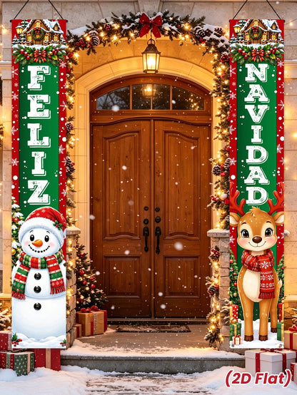 2pcs/Set Christmas Spanish Snowman & Reindeer Decorative Door Banner, Spanish Snowman & Reindeer Pattern Banner, Christmas Party Decoration Backdrop, Christmas Indoor/Outdoor Porch Wall Decoration Han