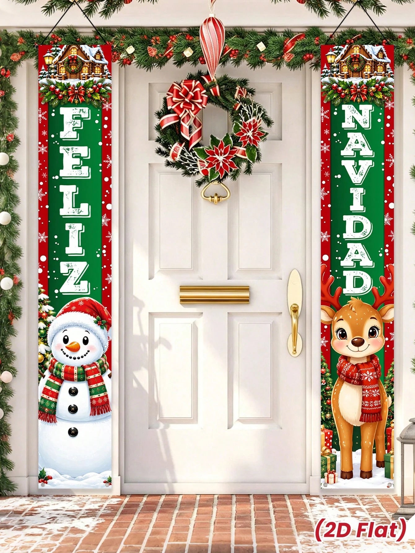 2pcs/Set Christmas Spanish Snowman & Reindeer Decorative Door Banner, Spanish Snowman & Reindeer Pattern Banner, Christmas Party Decoration Backdrop, Christmas Indoor/Outdoor Porch Wall Decoration Han