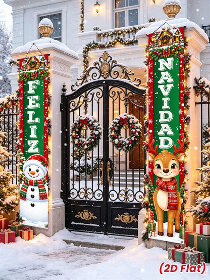 2pcs/Set Christmas Spanish Snowman & Reindeer Decorative Door Banner, Spanish Snowman & Reindeer Pattern Banner, Christmas Party Decoration Backdrop, Christmas Indoor/Outdoor Porch Wall Decoration Han