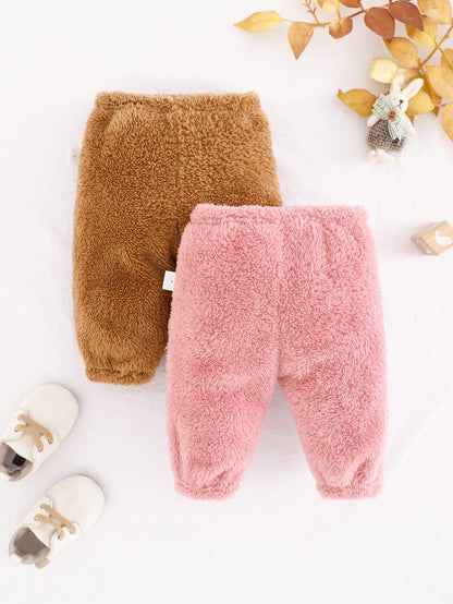2pcs/Set Newborn Baby Girl Cute Solid Color Plush Elastic Waist Autumn Pants Winter Outfit