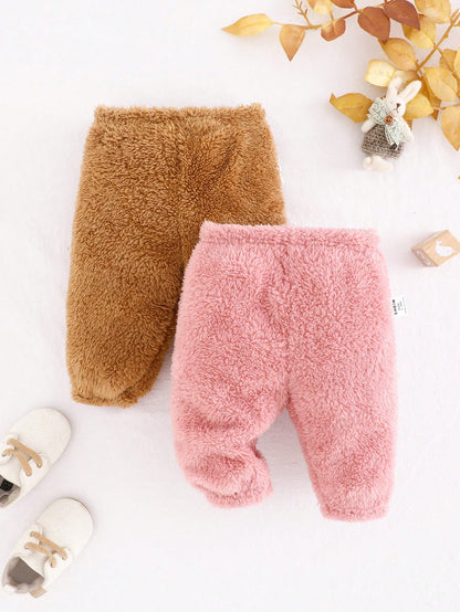 2pcs/Set Newborn Baby Girl Cute Solid Color Plush Elastic Waist Autumn Pants Winter Outfit