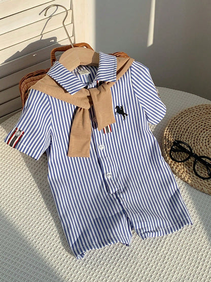 2pcs/Set Newborn Unisex Baby Blue White Stripe Summer Romper&Khaki Knit Shawl Outfit,Spring Baby Boy Vacation Outfit Sets,Family Matching Gift Sthings