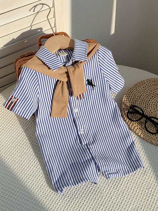2pcs/Set Newborn Unisex Baby Blue White Stripe Summer Romper&Khaki Knit Shawl Outfit,Spring Baby Boy Vacation Outfit Sets,Family Matching Gift Sthings