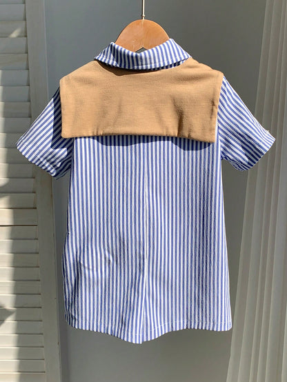 2pcs/Set Newborn Unisex Baby Blue White Stripe Summer Romper&Khaki Knit Shawl Outfit,Spring Baby Boy Vacation Outfit Sets,Family Matching Gift Sthings