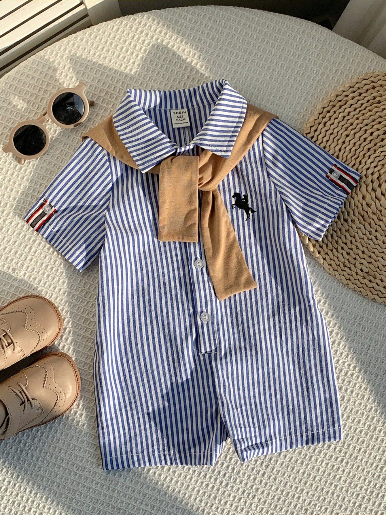 2pcs/Set Newborn Unisex Baby Blue White Stripe Summer Romper&Khaki Knit Shawl Outfit,Spring Baby Boy Vacation Outfit Sets,Family Matching Gift Sthings