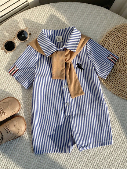 2pcs/Set Newborn Unisex Baby Blue White Stripe Summer Romper&Khaki Knit Shawl Outfit,Spring Baby Boy Vacation Outfit Sets,Family Matching Gift Sthings