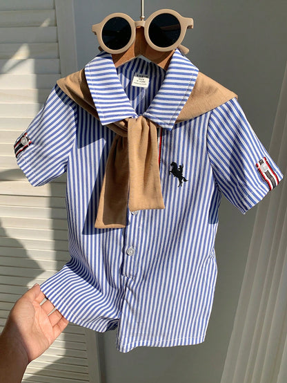 2pcs/Set Newborn Unisex Baby Blue White Stripe Summer Romper&Khaki Knit Shawl Outfit,Spring Baby Boy Vacation Outfit Sets,Family Matching Gift Sthings
