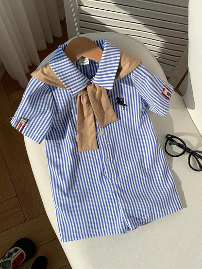 2pcs/Set Newborn Unisex Baby Blue White Stripe Summer Romper&Khaki Knit Shawl Outfit,Spring Baby Boy Vacation Outfit Sets,Family Matching Gift Sthings