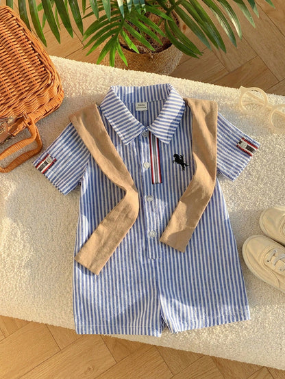 2pcs/Set Newborn Unisex Baby Blue White Stripe Summer Romper&Khaki Knit Shawl Outfit,Spring Baby Boy Vacation Outfit Sets,Family Matching Gift Sthings