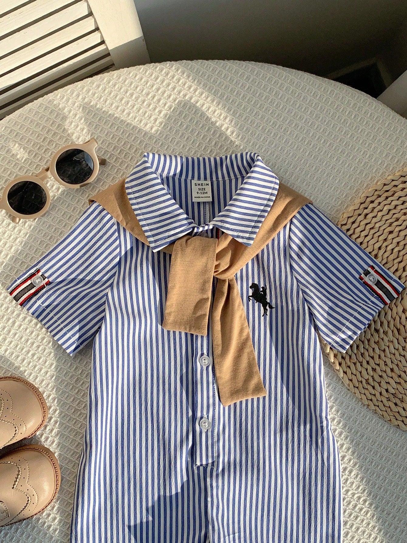 2pcs/Set Newborn Unisex Baby Blue White Stripe Summer Romper&Khaki Knit Shawl Outfit,Spring Baby Boy Vacation Outfit Sets,Family Matching Gift Sthings