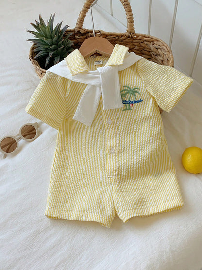 2pcs/Set Newborn Unisex Baby Blue White Stripe Summer Romper&Khaki Knit Shawl Outfit,Spring Baby Boy Vacation Outfit Sets,Family Matching Gift Sthings