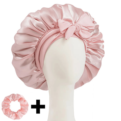 2pcs/Set "Spacious Space" Luxurious Solid Color Satin Bonnet With Satin Scrunchies Large Soft Y Bonnet For Sleeping Satin Hair Bonnet Night Cap Hair Care Hat With Tie Band Bonnets