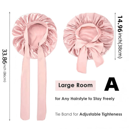 2pcs/Set "Spacious Space" Luxurious Solid Color Satin Bonnet With Satin Scrunchies Large Soft Y Bonnet For Sleeping Satin Hair Bonnet Night Cap Hair Care Hat With Tie Band Bonnets