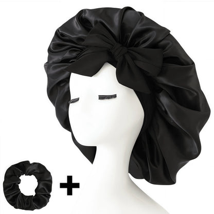 2pcs/Set "Spacious Space" Luxurious Solid Color Satin Bonnet With Satin Scrunchies Large Soft Y Bonnet For Sleeping Satin Hair Bonnet Night Cap Hair Care Hat With Tie Band Bonnets