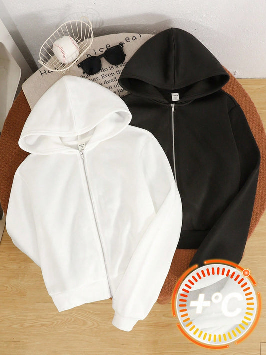 2pcs/Set Teens Girls Loose Casual Solid Color Knitted Zip-Up Hoodies,Black & White,Back-To-School Autumn Winter Matrix Dance Plain Hoodie Clothes