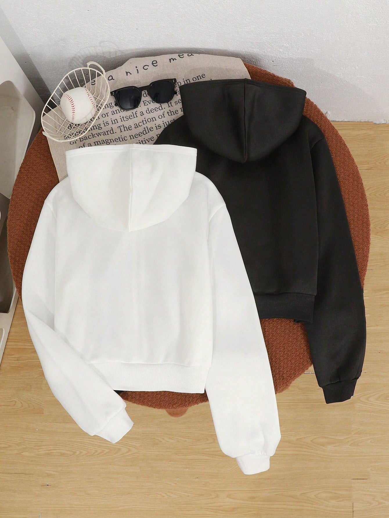 2pcs/Set Teens Girls Loose Casual Solid Color Knitted Zip-Up Hoodies,Black & White,Back-To-School Autumn Winter Matrix Dance Plain Hoodie Clothes