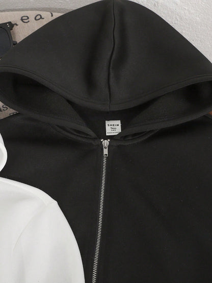 2pcs/Set Teens Girls Loose Casual Solid Color Knitted Zip-Up Hoodies,Black & White,Back-To-School Autumn Winter Matrix Dance Plain Hoodie Clothes