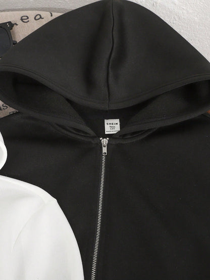 2pcs/Set Teens Girls Loose Casual Solid Color Knitted Zip-Up Hoodies,Black & White,Back-To-School Autumn Winter Matrix Dance Plain Hoodie Clothes