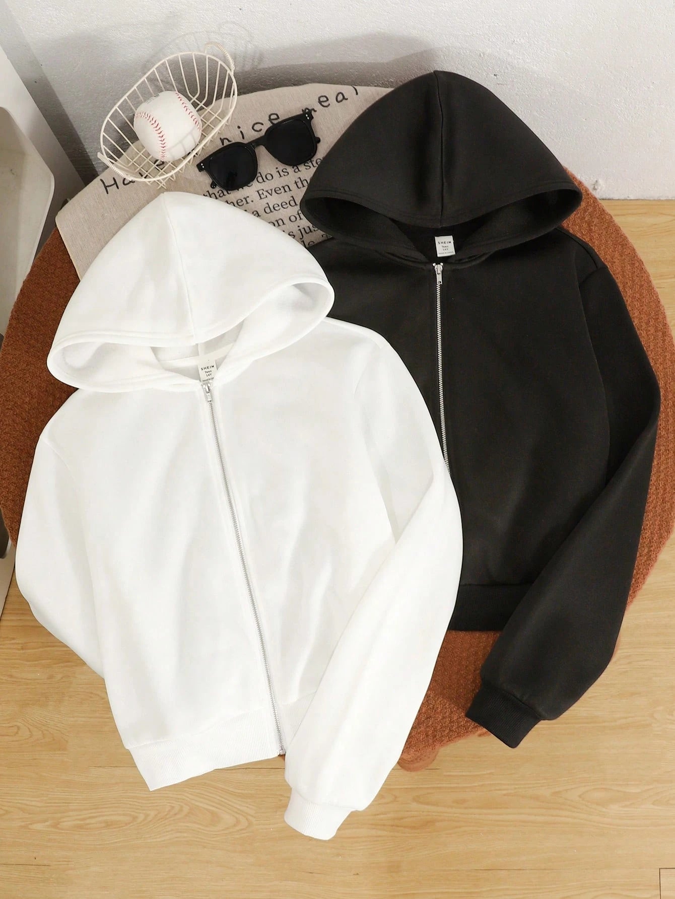 2pcs/Set Teens Girls Loose Casual Solid Color Knitted Zip-Up Hoodies,Black & White,Back-To-School Autumn Winter Matrix Dance Plain Hoodie Clothes